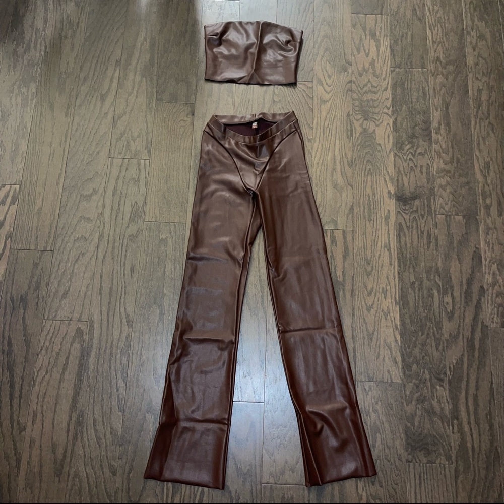 Cocoa Faux Leather SKIMS Bandeau Top & Flare Pants